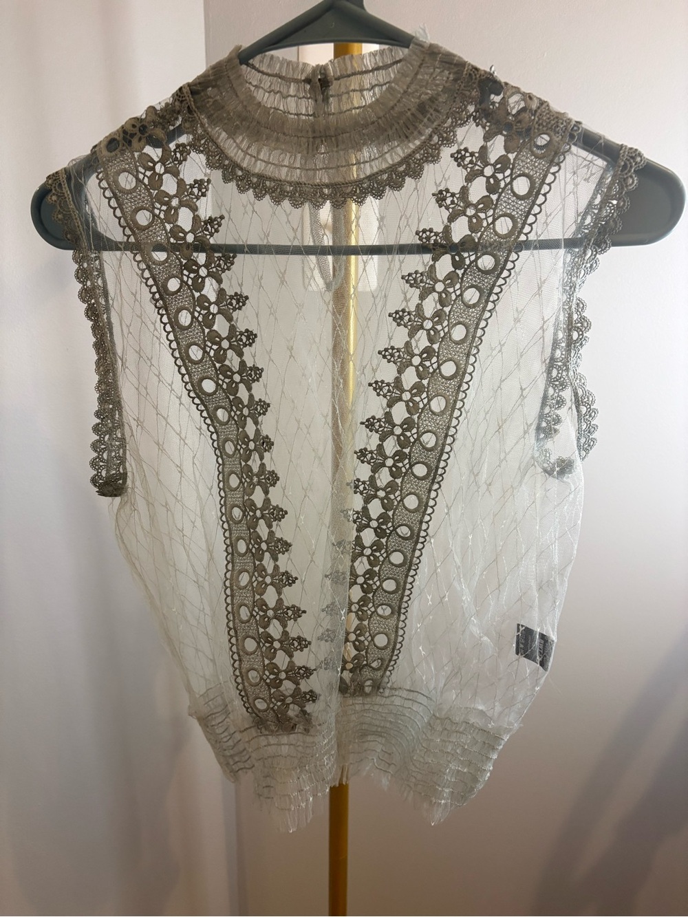 Sheer Lace-Trim Sleeveless Top in Olive